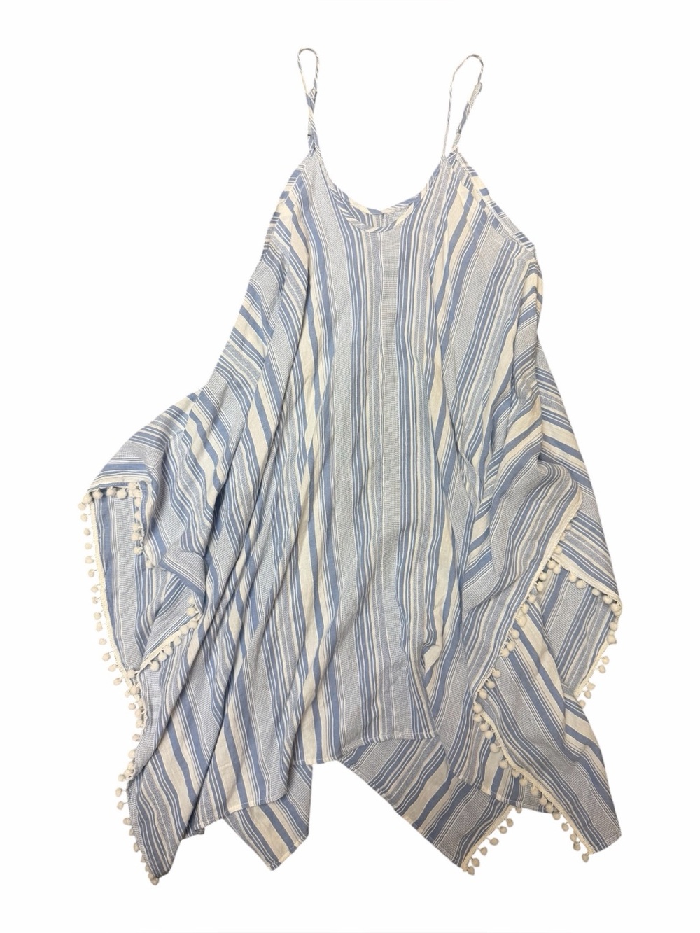 Japna Goa Blue White Striped Pom Pom Handkerchief Hem Beach Cover Up Dress L - Picture 2 of 4